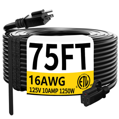 HUANCHAIN Black Outdoor Extension Cord 75 FT Waterproof, Flexible 16/3 Gauge Heavy Duty Power Cord Extension 3 Prong 10A 1250W SJTW ETL Listed