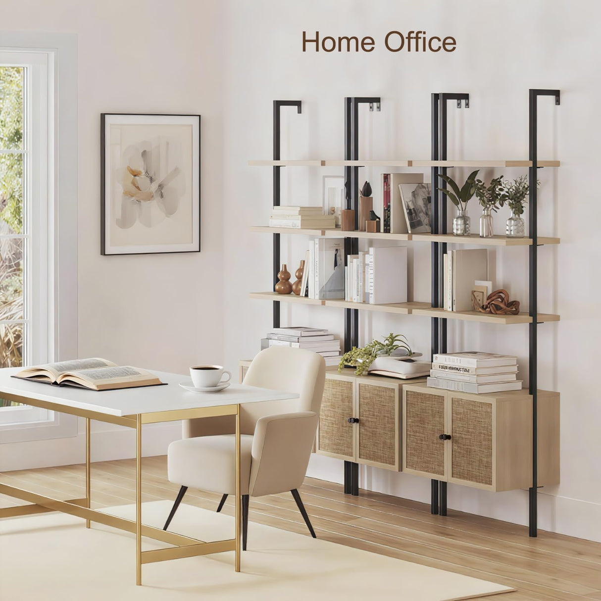 SOLACE FURNITURE Rattan Bookcase, 6 Tier Ladder Bookshelf with Rattan Cabinet, Wall Mount Tall Bookshelves and Bookcases with Metal Storage Shelves Display for Living Room Bedroom Home Office, Oak SOLACE FURNITURE