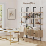 SOLACE FURNITURE Rattan Bookcase, 6 Tier Ladder Bookshelf with Rattan Cabinet, Wall Mount Tall Bookshelves and Bookcases with Metal Storage Shelves Display for Living Room Bedroom Home Office, Oak SOLACE FURNITURE