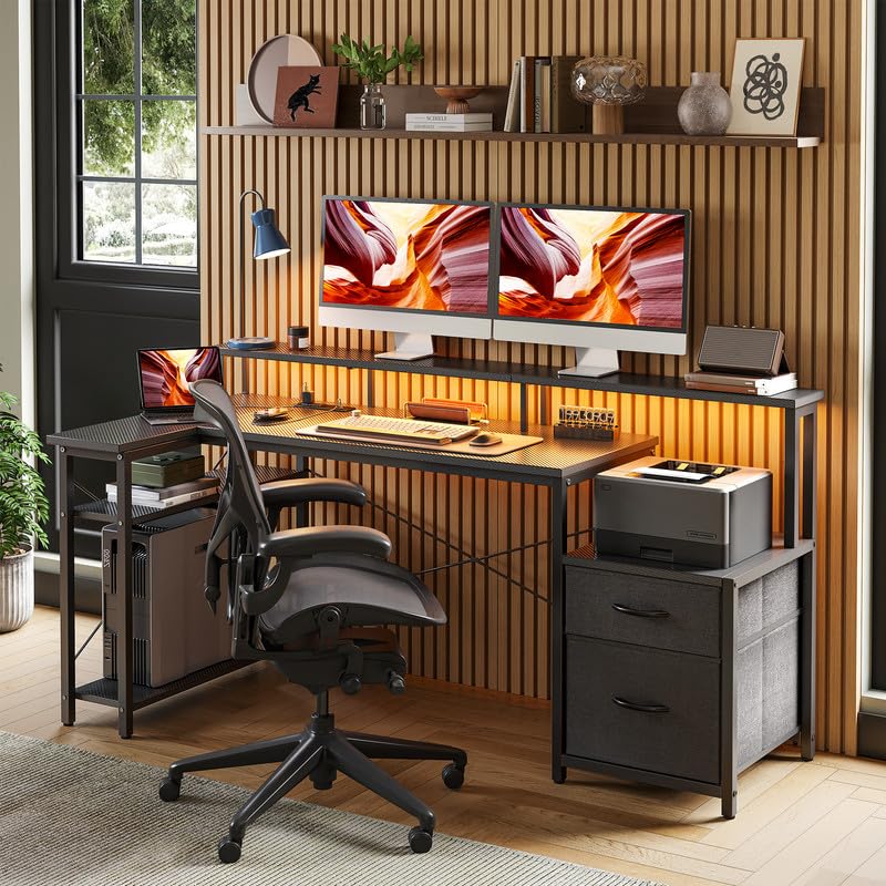 TIQLAB Computer Desk L Shaped with Drawers, 65” Gaming Desk with Power Outlets and LED Strips, Large L Shaped Corner Desk with Monitor Stand, Home Office Desk for Corner Space, Carbon Black TIQLAB
