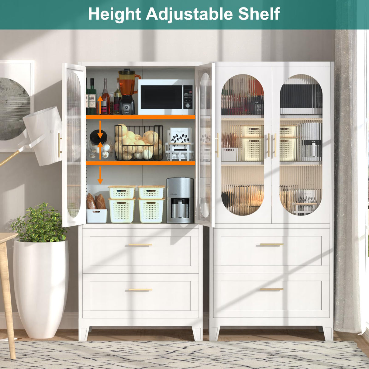 Nobilsteel 71”Storage Cabinet, Metal Accent Pantry Cabinet, Food Pantries Cabinets with Fluted Glass Doors, Storage Cupboard Kitchen, Dining Room, Nobilsteel