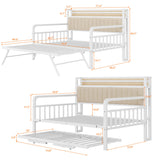 Daybed with Trundle and LED Light, Heavy Duty Metal Full Bed Frame with Upholstered Storage Headboard & Charging Station, Day Bed Pop Up Trundle Bed for Living Room,Bedroom and Guest Room, White Jocoevol