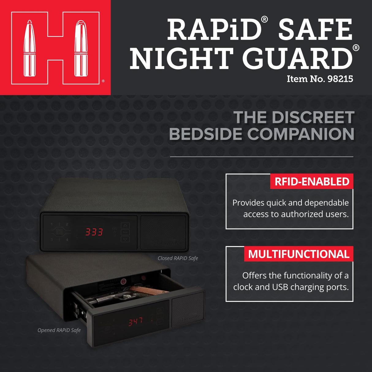 Hornady Rapid Safe Night Guard – Nightstand Gun Safe with RFID Reader, Clock, USB Ports – RFID Safe for Fast, Multiple Method Entry – Includes Rapid Safe, 3 Methods of Entry and Security Cable Hornady