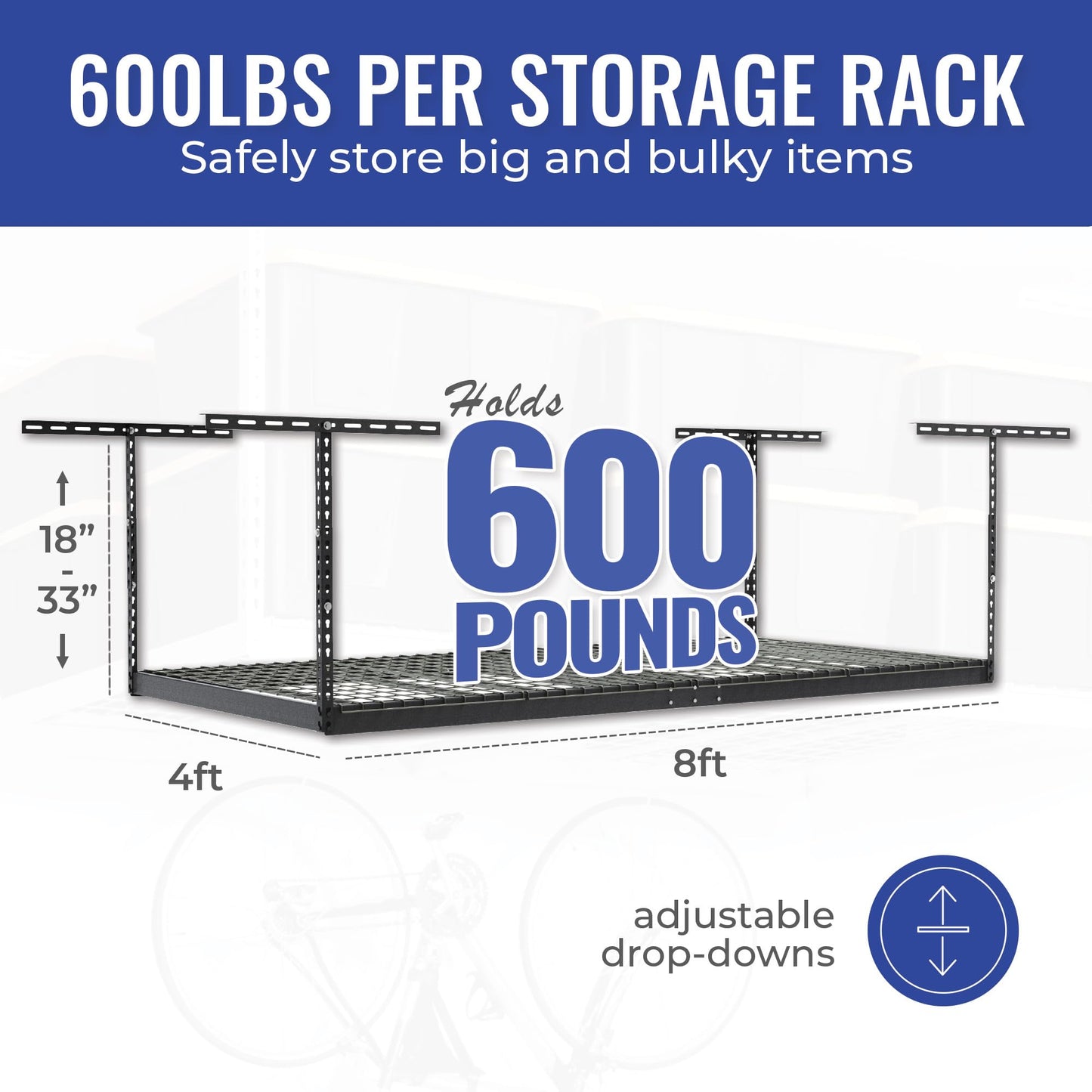 SafeRacks Overhead Garage Storage Rack, Heavy Duty Racks for Garage w/ 600 lb Capacity, Easy Garage Storage Adjustable Storage Rack Ceiling Mount Storage for Garage 4x8 Hammertone 18"-33" 2 Pack