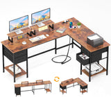 Korfile 66" L Shaped Computer Desk with Power Outlets, Home Office Desk with 4 Adjustable Storage Drawers & 2 Monitor Stands, Large Two Person Gaming Table for Writing Study, Rustic Brown Korfile