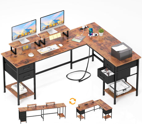 Korfile 66" L Shaped Computer Desk with Power Outlets, Home Office Desk with 4 Adjustable Storage Drawers & 2 Monitor Stands, Large Two Person Gaming Table for Writing Study, Rustic Brown Korfile