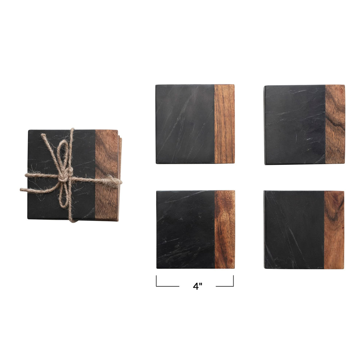 Creative Co-Op Marble and Acacia Wood 2-Tone, Black and Natural, Set of 4 Coaster Creative Co-Op
