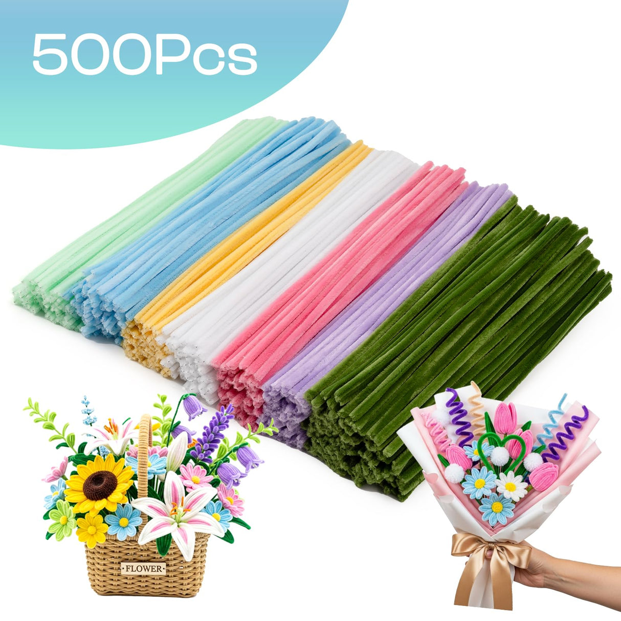 Caydo 500 Pieces Pipe Cleaners Flower Set, Chenille Stems, Pipe Cleaner Craft Supplies Bulk Fluffy Fuzzy Sticks for DIY Art Projects Creative Gift Party Decorations (Macaron) Caydo