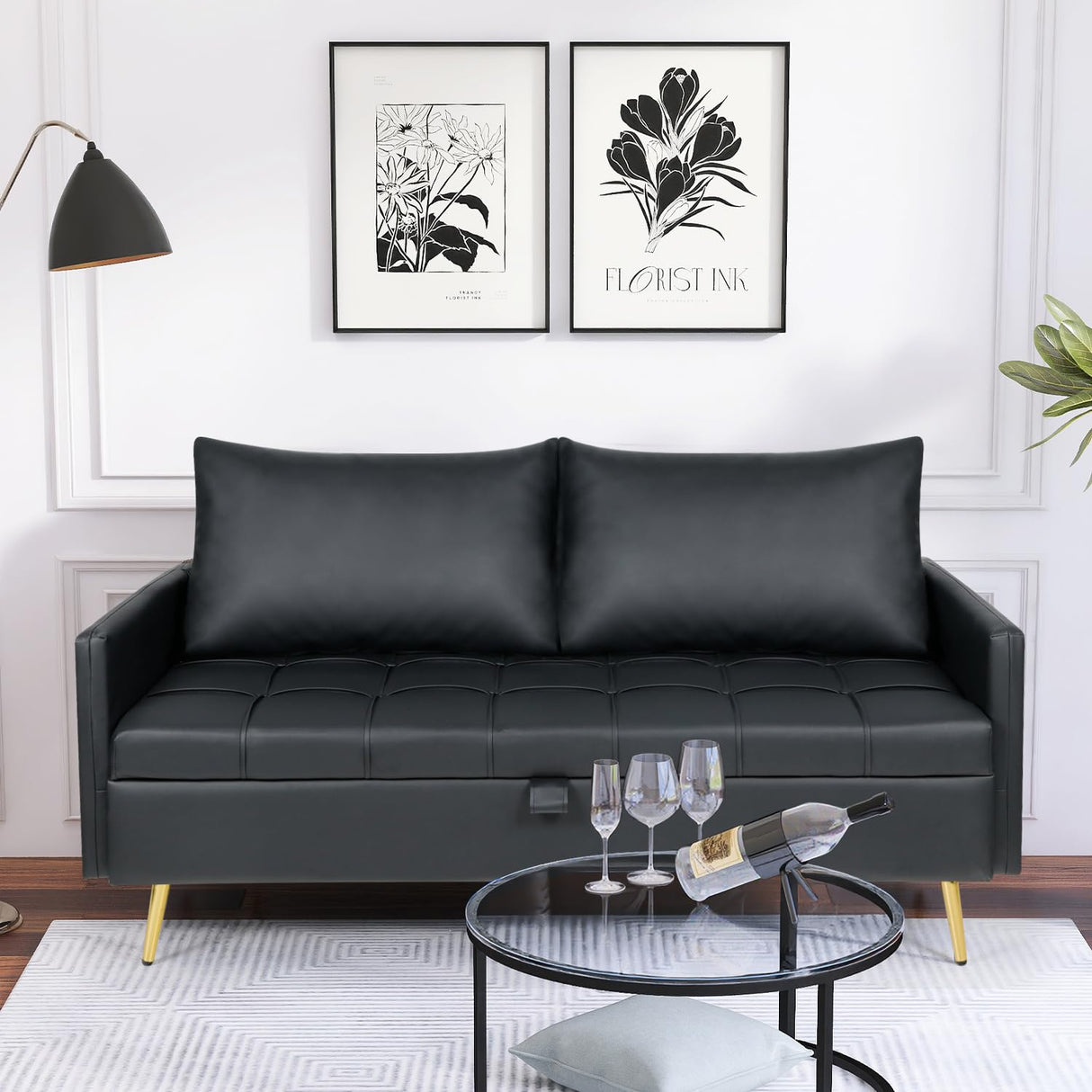 LINLUX 60" W Black Leather Couch with Storage, Loveseat Sofa Couches for Living Room, Bedroom, Office, Dorm, Comfy Cushion, 2 USB Charging Ports LINLUX