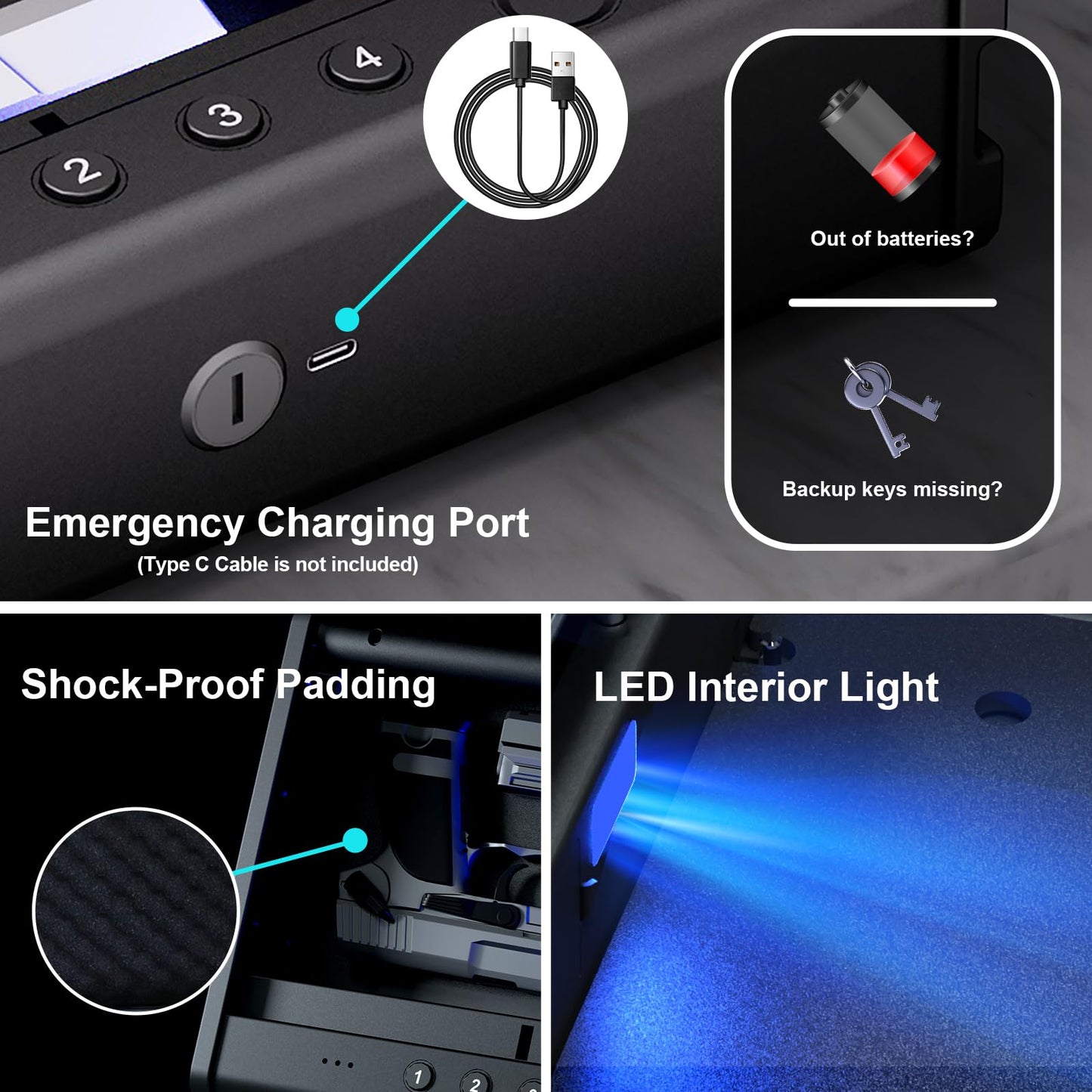 PINEWORLD Gun Safe For Handgun, Gun Case, Biometric Gun Safe For Car, Pistol Safes With Fingerprint|Passcode|Key Unlock, Full Voice Prompt Gun Lock Box with Cable, Charging Port