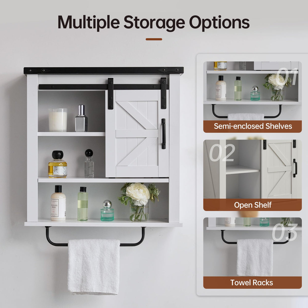 Bathroom Wall Cabinet, Above Toilet Storage Cabinet with Towel Bar, Farmhouse Medicine Cabinet with Sliding Barn Door, 23 Inch Storage Cabinet, Easy to Clean for Bathroom, Bedroom, Kitchen, White Real Relax