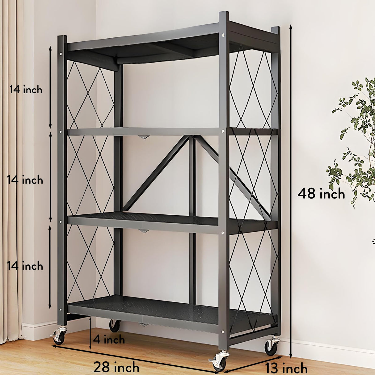 TEMZICK 4-Tire Storage Shelves Organizer, Foldable Metal Garage Shelving, Portable Closet Shelving Unit, 28" x 13" x 48" Kitchen Bakers Rack Microwave Stand on Wheels (Tiered Shelf-4) TEMZICK