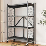 TEMZICK 4-Tire Storage Shelves Organizer, Foldable Metal Garage Shelving, Portable Closet Shelving Unit, 28" x 13" x 48" Kitchen Bakers Rack Microwave Stand on Wheels (Tiered Shelf-4) TEMZICK