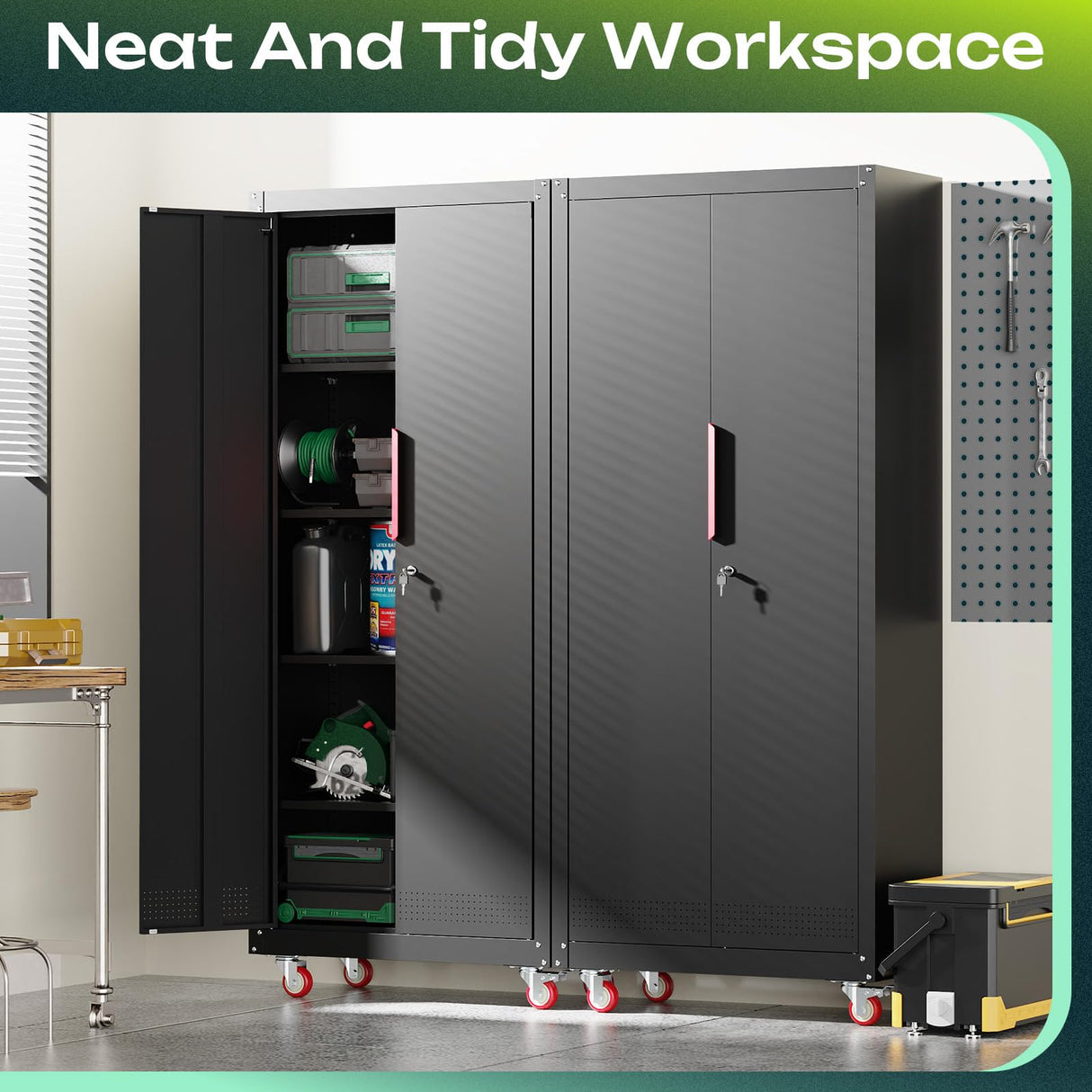 Kelueo 71" H Metal Garage Storage Cabinet with Wheels, 4 Adjustable Shelves & Locking Doors – Steel Tool Cabinet for Home,Basement,Utility Room – Garage Cabinets and Storage System, Black Kelueo