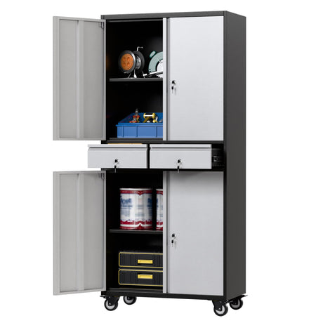 SUXXAN 71" Tall Metal Garage Storage Cabinet with 4 Wheels and 2 Drawer, Rolling Tool Storage Cabinet with Locking Doors and Adjustable Shelves,Heavy Duty Steel Tool Cabinet for Garage, Warehouse SUXXAN