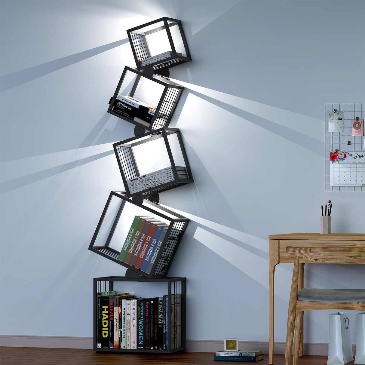 sugitek 5-Tier Skinny Bookshelf with Unique Geometric Design - Modern Metal Bookcase with LED Lights, Space-Saving Narrow Organizer for Living Room, Bedroom, Office, Corner- Black sugitek