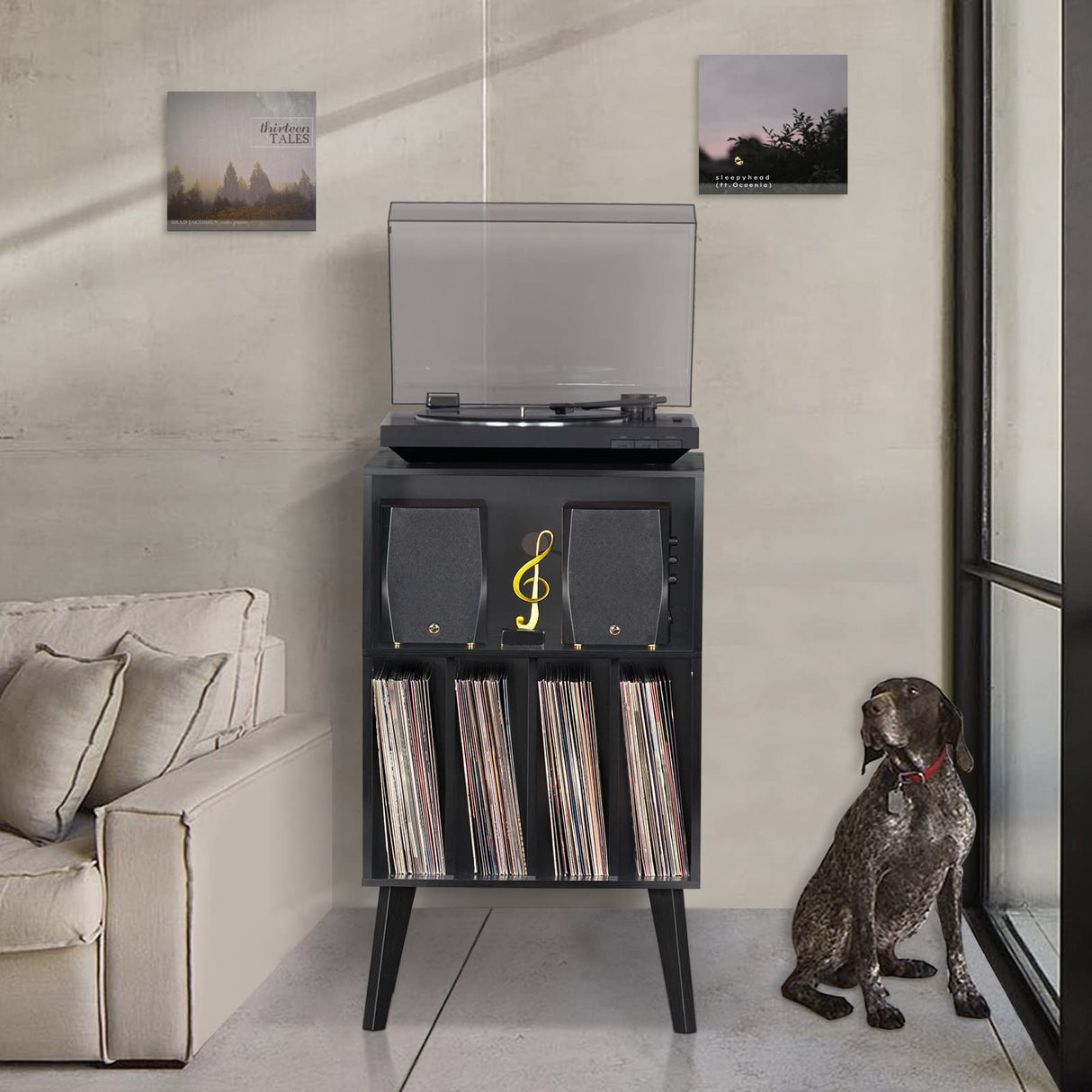 Lerliuo Record Player Stand, Black Turntable Stand Holds up to 160 Albums, Mid-Century Vinyl Storage Cabinet Table with Solid Wood Legs, Record Player Holder Dispaly Shelf for Bedroom Living Room Lerliuo