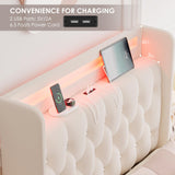 HIFIT Set of 2 Upholstered Twin Size LED Bed Frame with Charging Station & 4 Storage Drawer, Velvet Crystal Button-Tufted Wingback Headboard, Girls Twin Platform Bed Frame for Kids with Storage, Beige HIFIT