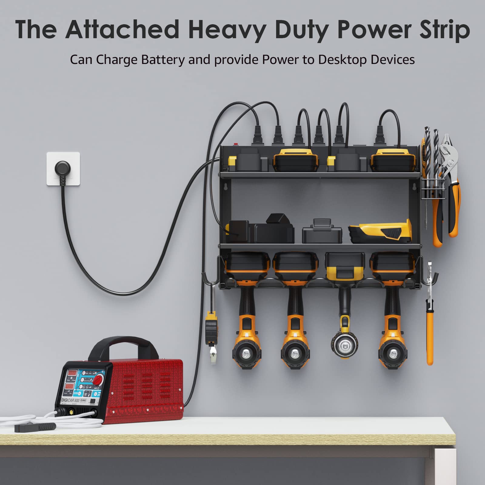 CCCEI Set Power Tool Organizer Wall Mount with Charging Station. Garage 4 Drill Storage Shelf with Hooks, Heavy Duty Metal Tool Battery Charger Organizer. Shop Utility Rack with Power Strip B - WoodArtSupply