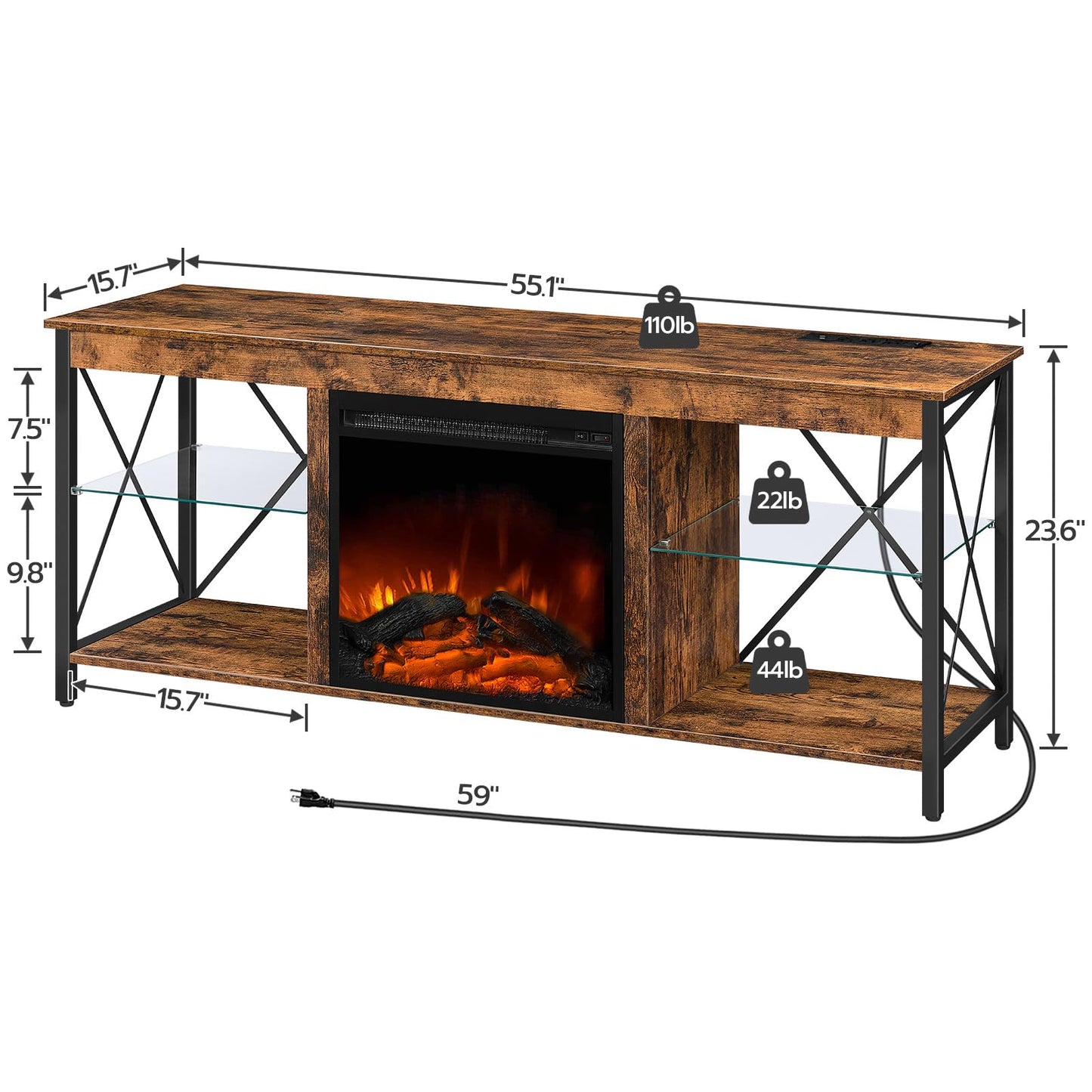 HOOBRO Fireplace TV Stand with Led Lights and Power Outlets, Wooden Media Entertainment Center Console Table with Glass Shelves, Fireplace TV Console for TVs up to 65", Rustic Brown BF140UDDS - WoodArtSupply