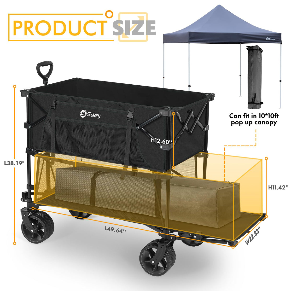 Sekey 400L Double Decker Beach Wagon 50''L Extra-Long Extended Shelf, Collapsible Wagon Cart with 500lbs Capacity, Heavy Duty Folding Wagon All-Terrain Wheels for Camping, Sports, Garden.Black Sekey