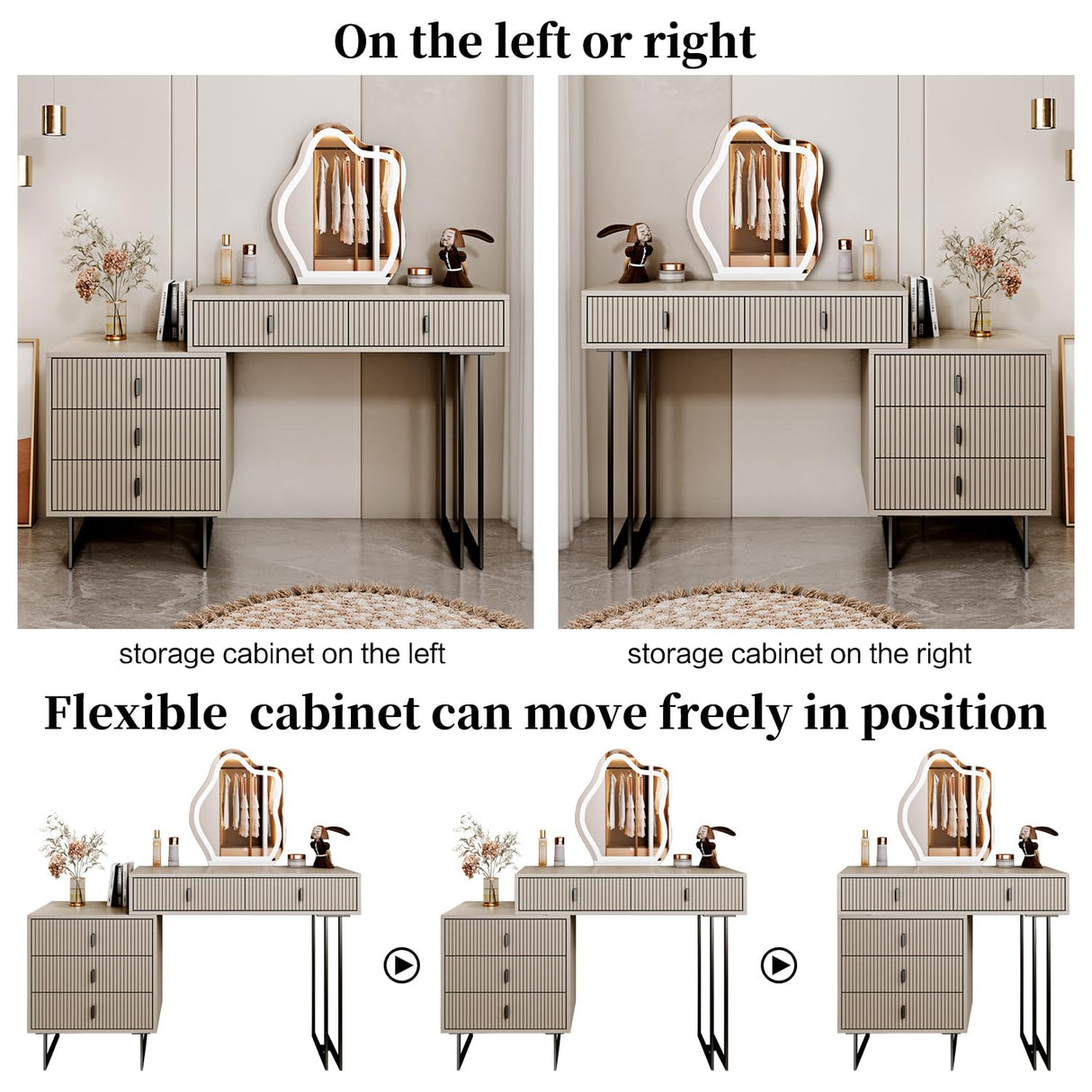 Ieejdn Makeup Vanity Desk with Cloud Lighted Mirror with Power Outlet and LED Strip, 3 Color Lighting Modes with Adjustable Brightness, 5 Large Drawer Vanity Table,for Bedroom, Grey Ieejdn