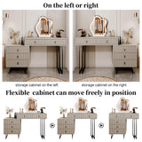 Ieejdn Makeup Vanity Desk with Cloud Lighted Mirror with Power Outlet and LED Strip, 3 Color Lighting Modes with Adjustable Brightness, 5 Large Drawer Vanity Table,for Bedroom, Grey Ieejdn