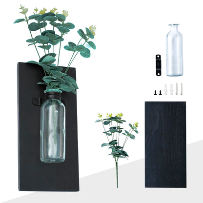 Zelura 2 Pack Wood Glass Wall Vases and Plants Artificial, Indoor Wood Hanging Vase, Modern Farmhouse Wall Decor for Bathroom Office and Living Room, Farmhouse Sconces Wall Décor (Black)