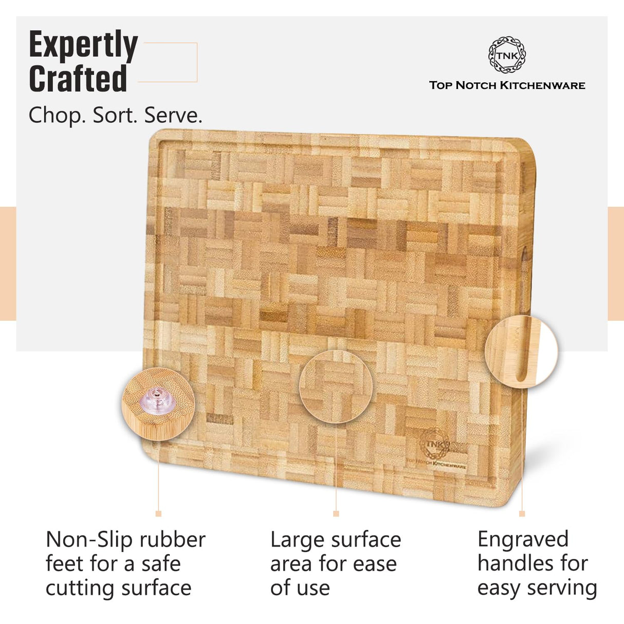 Small End Grain Bamboo Cutting Board | Professional, Butcher Block | Non-Slip Rubber Feet Top Notch Kitchenware