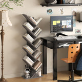 SHEEPAM 10 Tier Tree Book Shelf, Floor Standing Wood Bookshelf for Narrow Space, Storage Organizer Bookshelves for Books/CDs/Magazine, Bookcase with Shelves for Home Office, Living Room - Light Grey SHEEPAM
