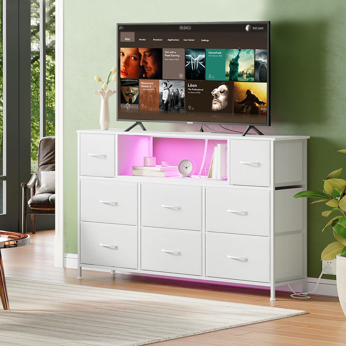 Somdot White TV Stand, Dresser for Bedroom for 55 inch TV with Charging Station and LED Lights, Media Console Table with 8 Drawers, Open Shelf, Adjustable Feet,Living Room Furniture Somdot