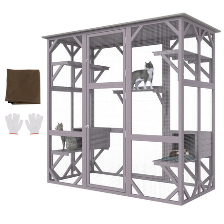 VEVOR Cat Cage Condo Catio Outdoor/Indoor Cat Enclosure, Wooden Cat House with 5 Platforms, 7-Tier Pet Playpen with 2 Resting Box, Cat Crate Cat Kennel with Waterproof Roof, 71.2"L x 34.6"W x 66.5"H VEVOR