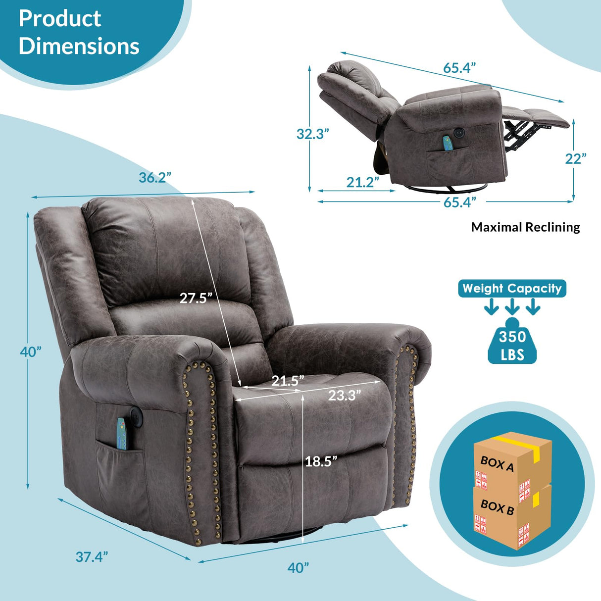 OUINCH Manual 360 Degree Swivel Glider Rocker Recliner Chair with Massage and Heat, USB Ports and 2 Side Pockets, Bronze Suede Like Fabric, Grey OUINCH