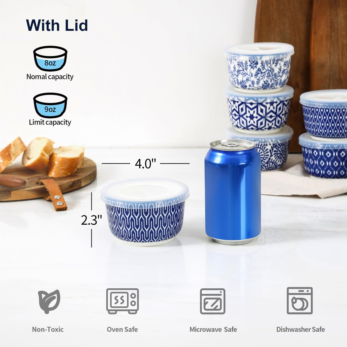 Selamica Ramekins with Lids, 8 oz Oven Safe Creme Brulee Ramekins with Covers, Souffle Dishes Pudding Custard Cups, Stackable Ceramic Small Ramekin Bowls Set for Baking, Dipping, Ice Cream, Set of 6, Vintage Blue Selamica