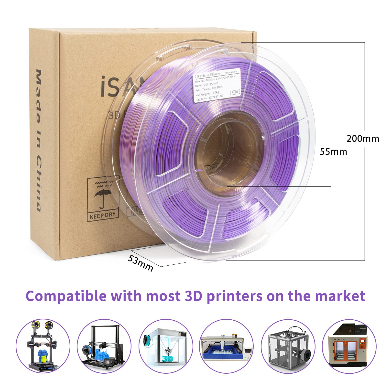 iSANMATE Dual Color Filament Silk PLA, 3D Printer Filament Silk Gold Purple, PLA Filament 1.75mm Rainbow Filament, 1 kg Spool - WoodArtSupply