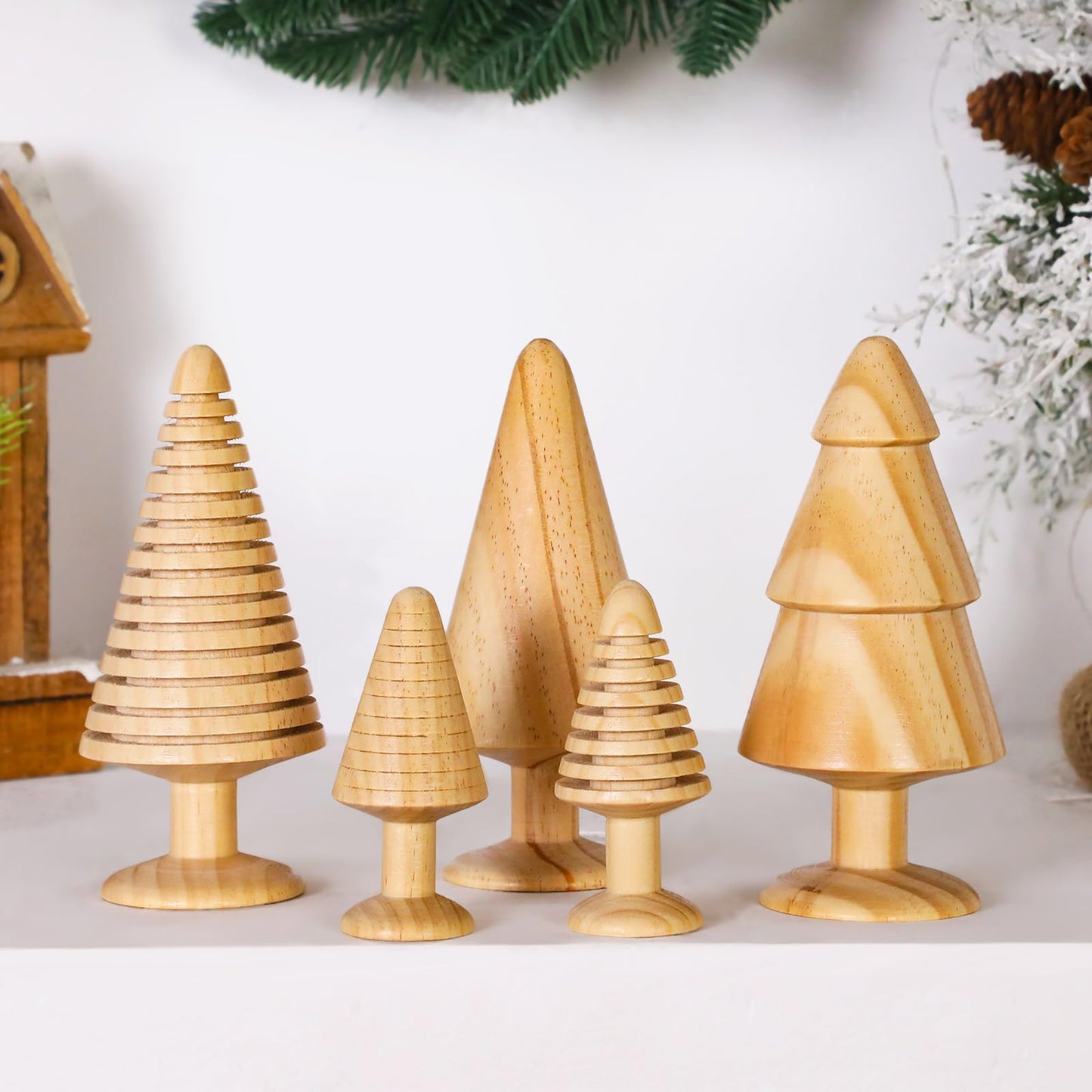 Quzzil 5 Pcs Wooden Christmas Trees Large Handmade Christmas Trees Figurines 6.5 and 4 Inch Wooden Christmas Ornament Farmhouse Table Centerpiece Decoration for Xmas Gift Mantel Shelf Room Decor