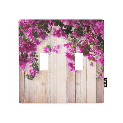 Pznen Rustic Farmhouse 2-Gang Wall Plate Double Toggle Switch Covers Farm Purple Lilac Floral Flowers on Country Wooden Light Switch Covers for Bedroom Bathroom