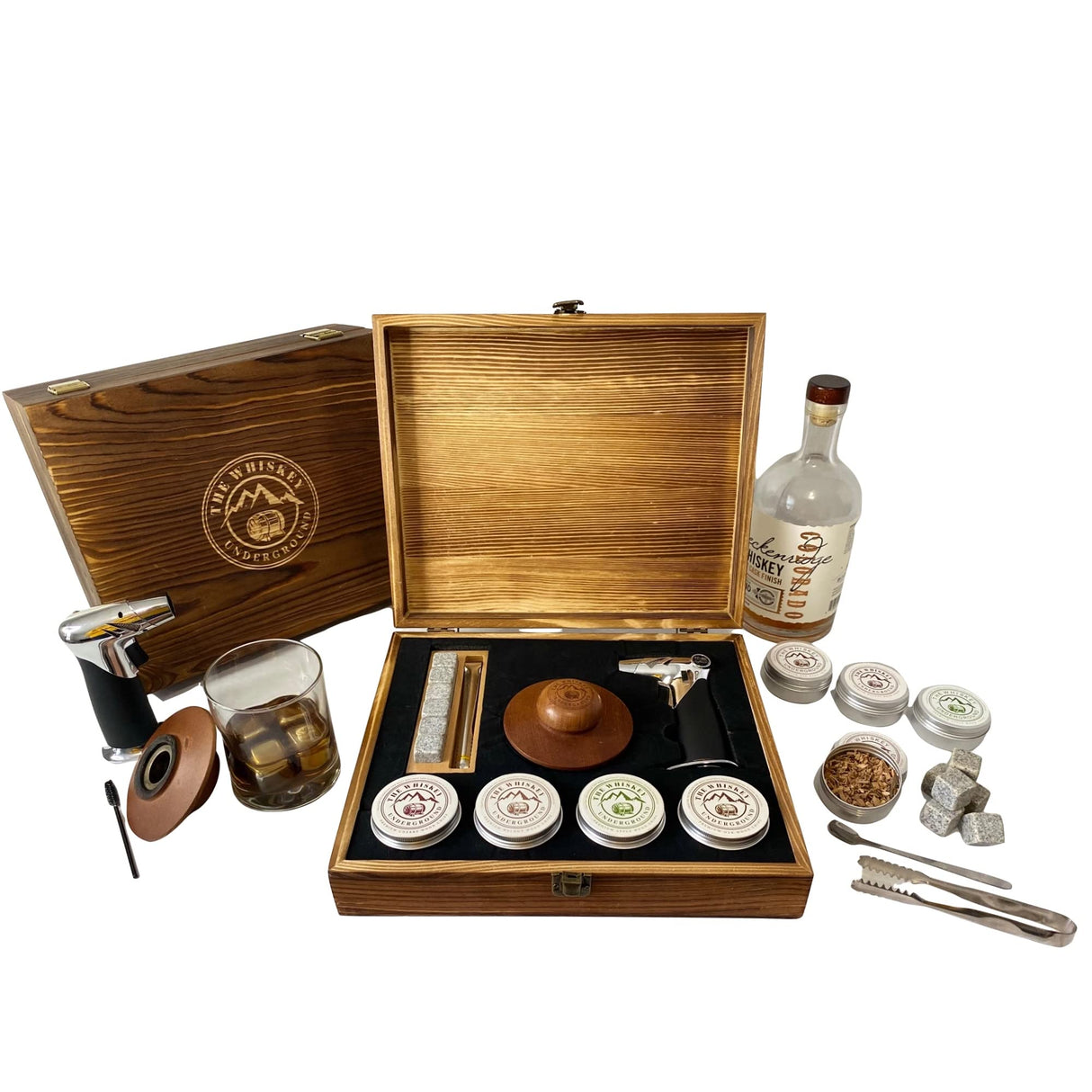 The Whiskey Underground Bourbon, Whiskey Smoker Kit - Cocktail Smoking Kit with Butane Torch, Smoke Top, Whiskey Stones - Apple, Cherry, Oak, Walnut Wood Chips - Premium Wooden Box. No Butane The Whiskey Underground