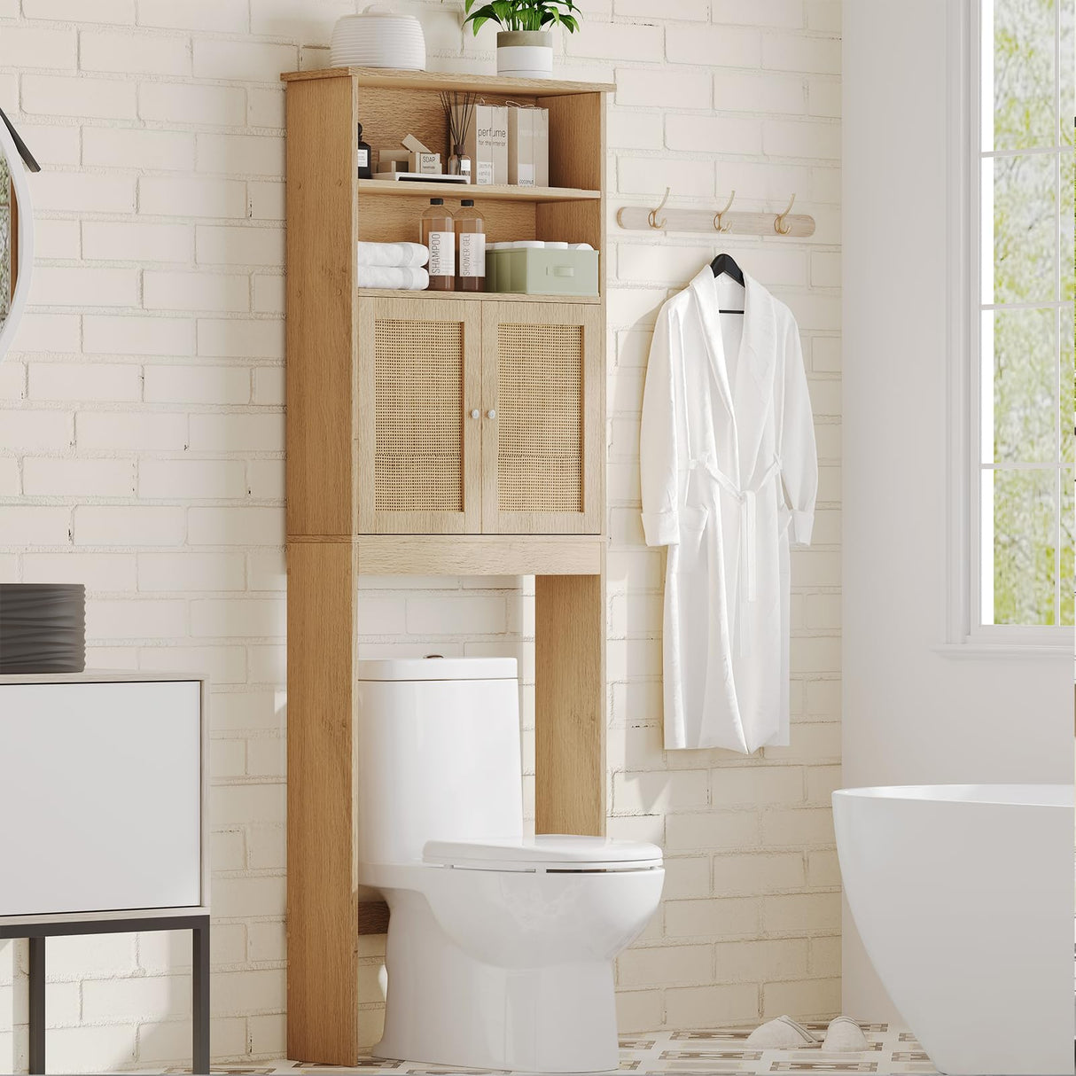 Reettic Tall Over The Toilet Storage with Two Doors, Floor Bathroom Space Saver with Inner Adjustable Shelf, Wooden Bathroom Cabinet Organizer Over Toilet, Natural BMGZ151M Reettic