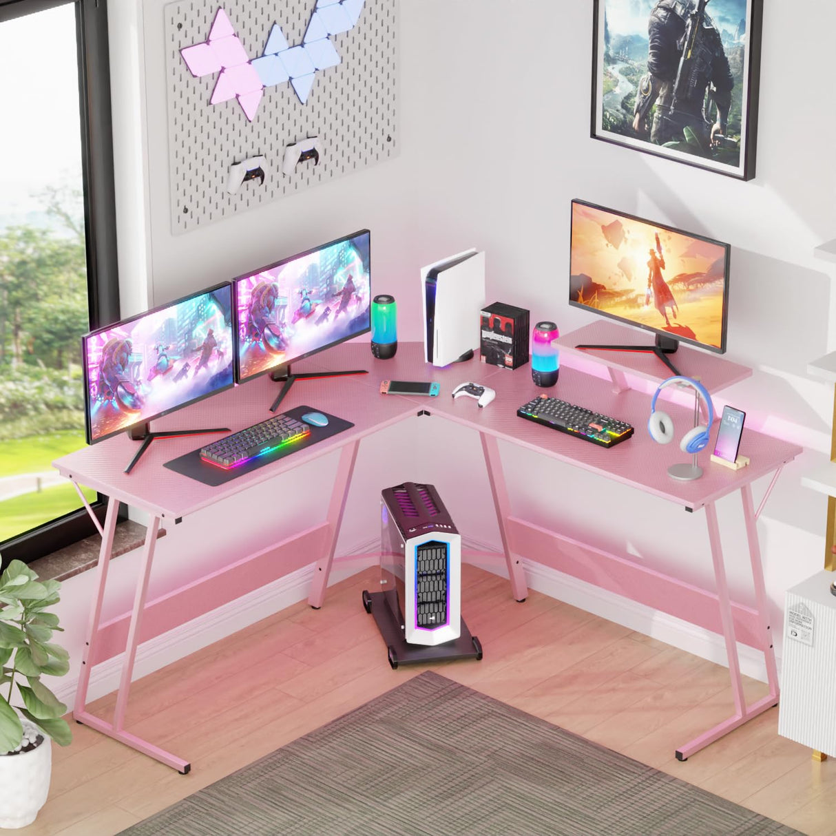 FDW L Shaped 51 Inch Gaming Desk,Corner Computer Desk,PC Gaming Desk,Writing Workstation with Large Monitor Stand for Home Office,Pink FDW