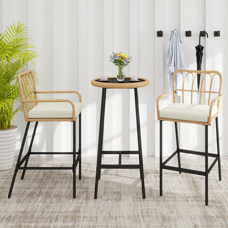Vikiullf 3 Pieces Patio Bar Table Set, Outdoor Wicker Bar, All Weather Height Bar Stools and Table Set, for Garden, Deck, Balcony Vikiullf