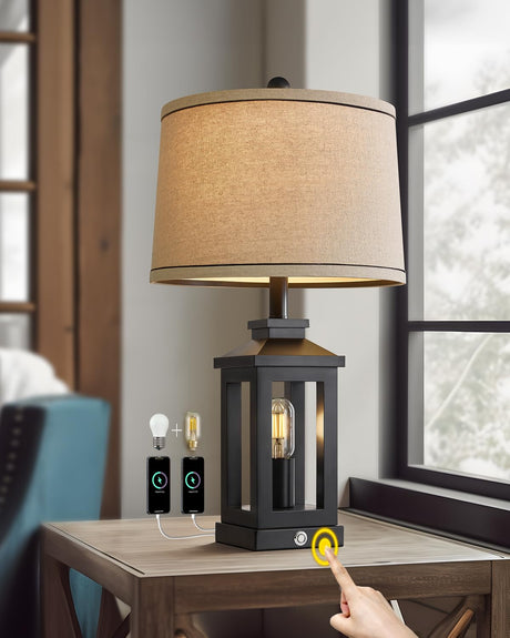 G-SAFAVA 23.75" Retro Farmhouse Black Table Lamp for Living Room Bedroom Nightstand Single Pack Touch Control Bedside Nightlight Vintage Modern Lamp with USB C+A Ports and 2 Light Sources G-SAFAVA