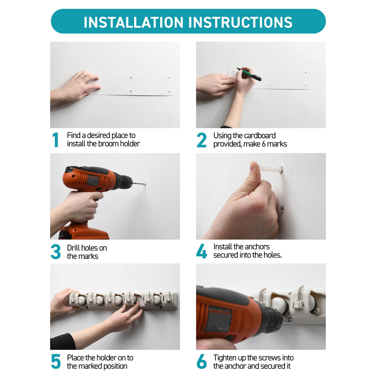 Home-it Mop and Broom Holder Wall Mount Garden Tool Storage Tool Rack Storage & Organization for the Home Plastic Hanger for Closet Garage Organizer (5-position) HOME IT