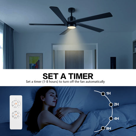WINGBO 54" DC Ceiling Fan with Lights, 5 Carved Solid Wood Blades, 6-Speed Reversible DC Motor, Matte Black Finish Ceiling Fan with Remote, Black WINGBO