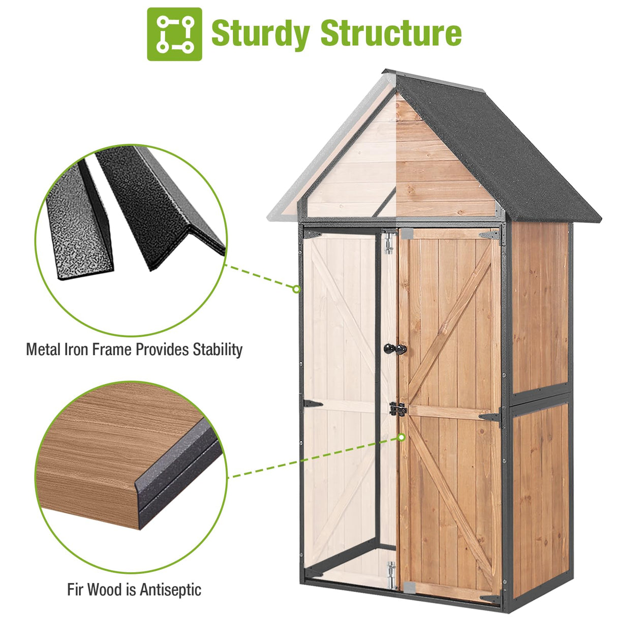 GUTINNEEN Outdoor Storage Shed with All Around Strong Metal Frame, Garden Tool Sheds Cabinet with Floor & Adjustable Shelves, Wooden Tool House for Backyard Garden Patio Lawn (Brown) GUTINNEEN