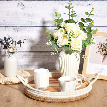 DoubleFill 2 Set Round Wicker Trays Wicker Serving Tray with Wooden Plate 2 Woven Baskets with Handles and 2 Removable Acacia Wood Plate Boho Farmhouse Multipurpose Wicker Basket for Table Decor