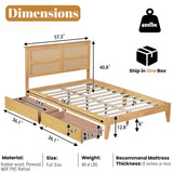 MoproBeti Full Bed Frame with Rattan Headboard,Rubber Wooden Boho Bed Frames with 2 Storage Drawers and Support Legs,No Box Spring Needed, White Oak MoproBeti