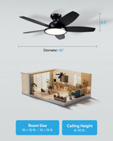 VONLUCE Ceiling Fans with Lights, 42 Inch Ceiling Fan and Remote, Full-spectrum LED Light, 3CCT, 6-Speeds Noiseless Reversible DC Motor, Modern Flush Mount Ceiling Fan for Farmhouse Bedroom Indoor VONLUCE