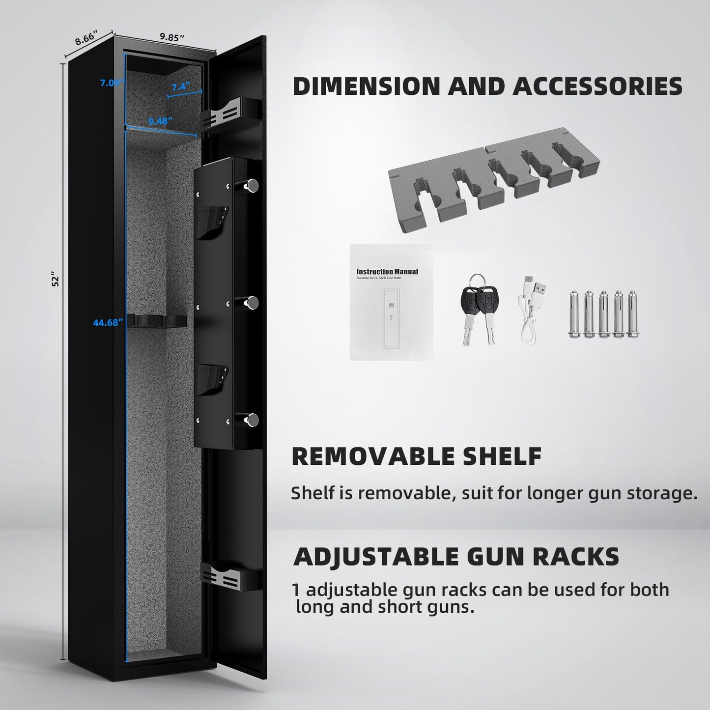 Emasme Gun Safe,Gun Safes & Cabinets Heavy-Duty Gun Safe for Home Rifle Pistols and Shotguns, Gun Cabinet Lock with Adjustable Rack, Pockets and Removable Shelf and Gun Rack