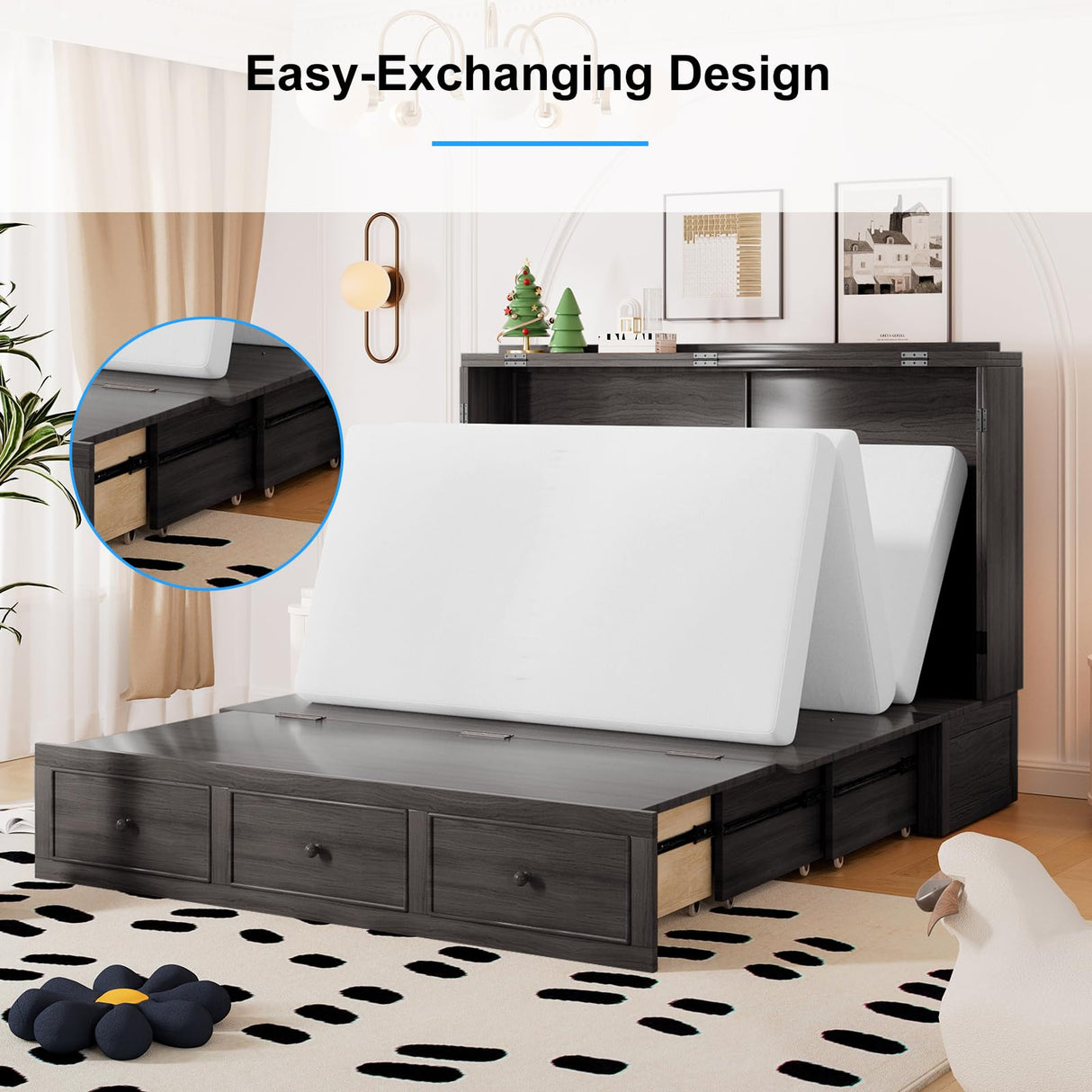 PUREMIND Queen Murphy Bed with 2 Storage Drawers, Hidden Murphy Cabinet Bed with Mattress, Murphy Chest Beds with Built-in USB Charging Station and Headboard for Bedroom, Guest Room PUREMIND